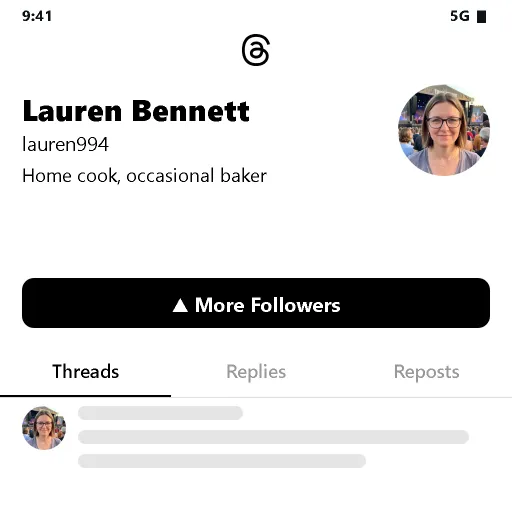 Illustration: a Threads profile screen with a More Followers highlight